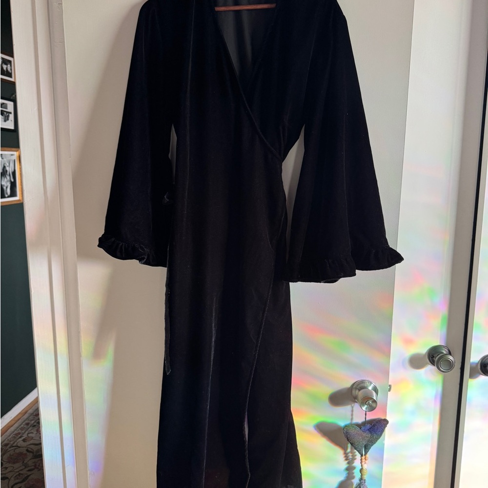 Velvet Black Wrap Bell Sleeve Dress